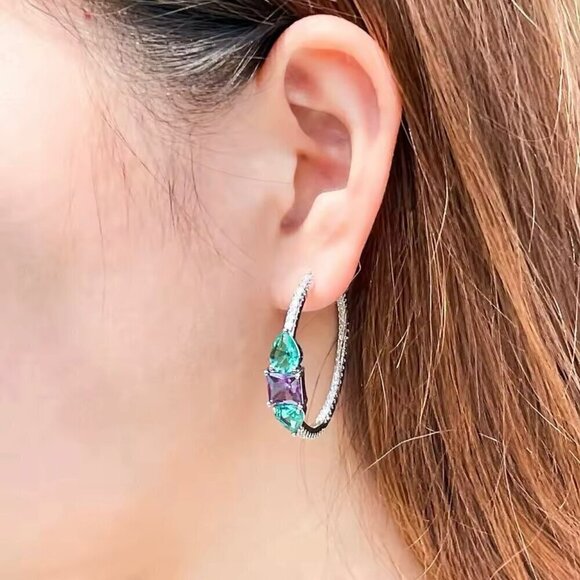 NWT Statement Hoop Earrings 14K Gold Plated Green CZ Purple Green Crystals - Picture 10 of 12